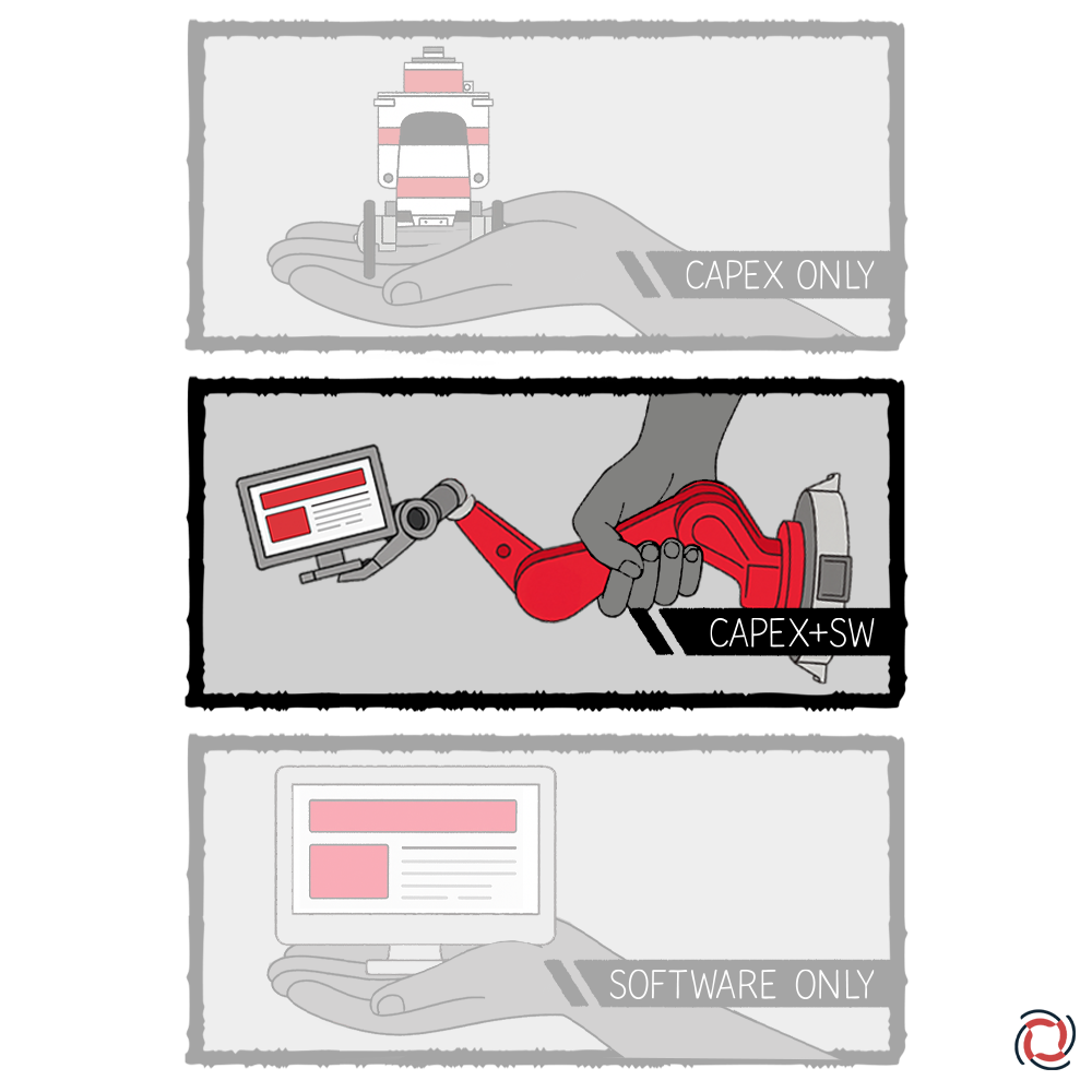 a person's hand holding a robot, and the robot's arm is holding a computer screen