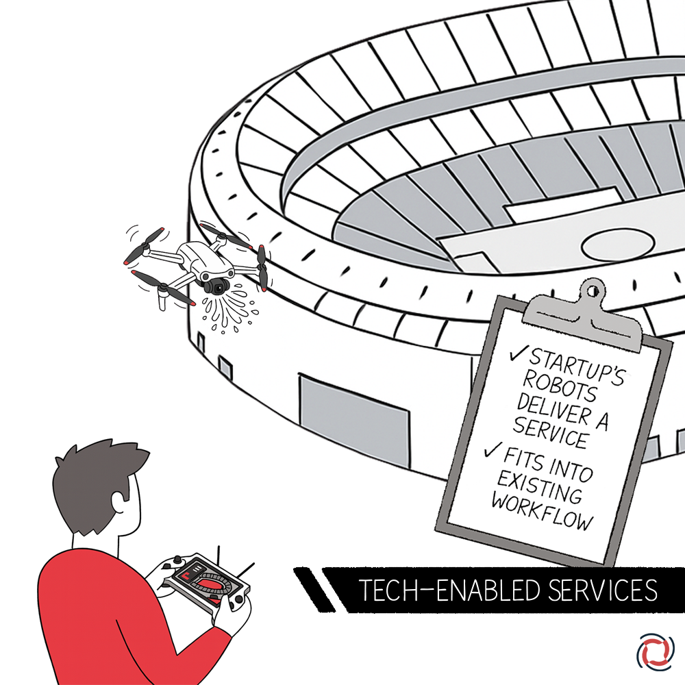 a guy holding a remote for a drone that's flying next to a stadium, washing the windows